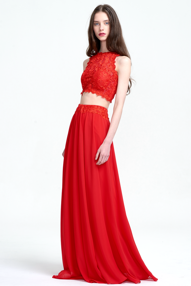 Two Piece A-Line Scoop Neckline Floor-Length Chiffon Prom Dress With Lace Top