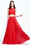 Two Piece A-Line Scoop Neckline Floor-Length Chiffon Prom Dress With Lace Top