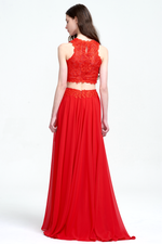Two Piece A-Line Scoop Neckline Floor-Length Chiffon Prom Dress With Lace Top