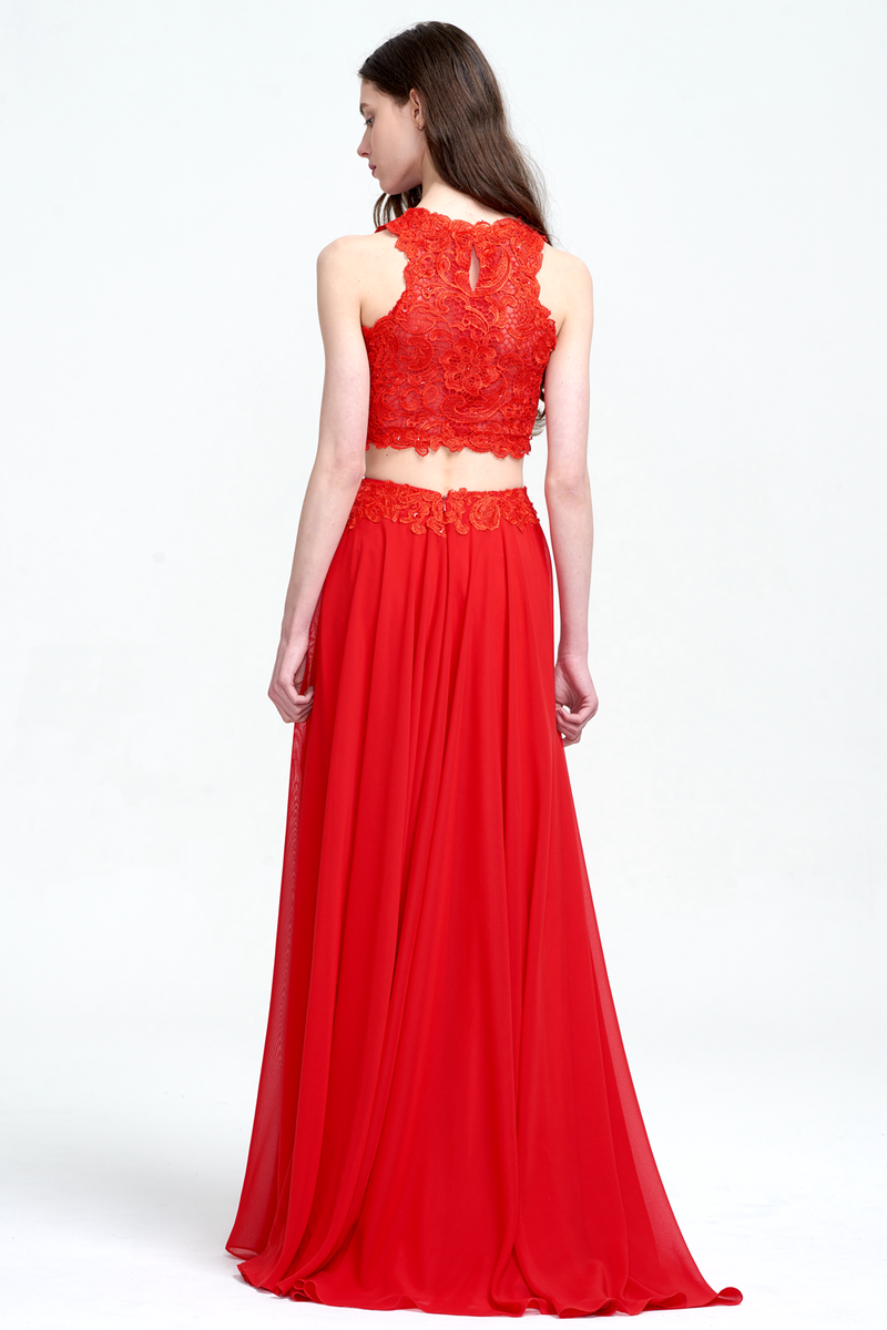 Two Piece A-Line Scoop Neckline Floor-Length Chiffon Prom Dress With Lace Top