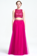 Two Piece A-Line Scoop Neckline Floor-Length Tulle Prom Dress With Beading