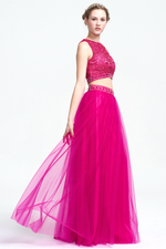 Two Piece A-Line Scoop Neckline Floor-Length Tulle Prom Dress With Beading