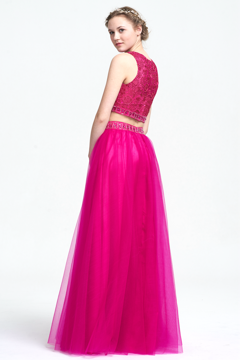 Two Piece A-Line Scoop Neckline Floor-Length Tulle Prom Dress With Beading