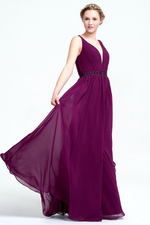 A-Line Deep V-neck Floor-Length Chiffon Prom Dress With Beading