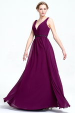 A-Line Deep V-neck Floor-Length Chiffon Prom Dress With Beading