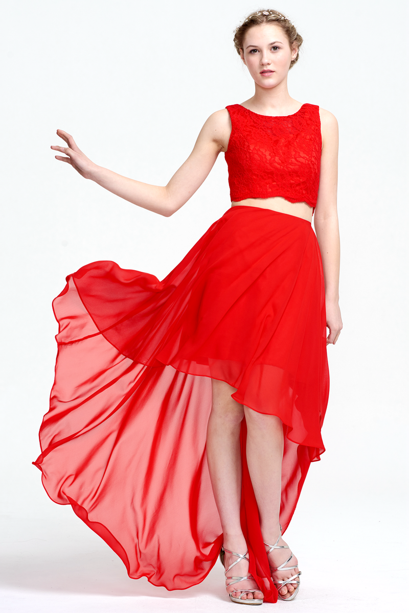 Two Piece A-Line Scoop Neck High Low Chiffon Homecoming Dress With Lace Top