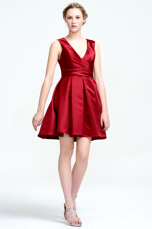 A-Line V-neck Short/Mini Ruffle Satin Homecoming Dress With Back Hole