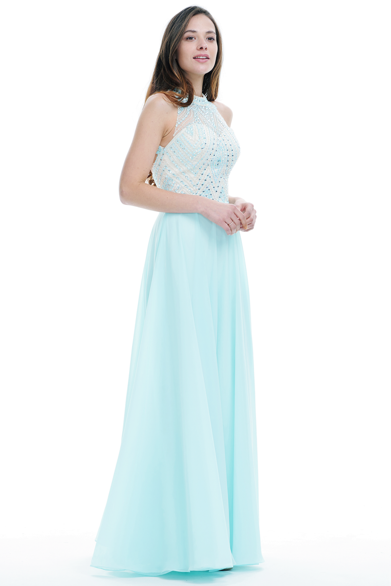 A-Line Scoop Halter Neck Floor-Length Chiffon Prom Dress With Beading Top