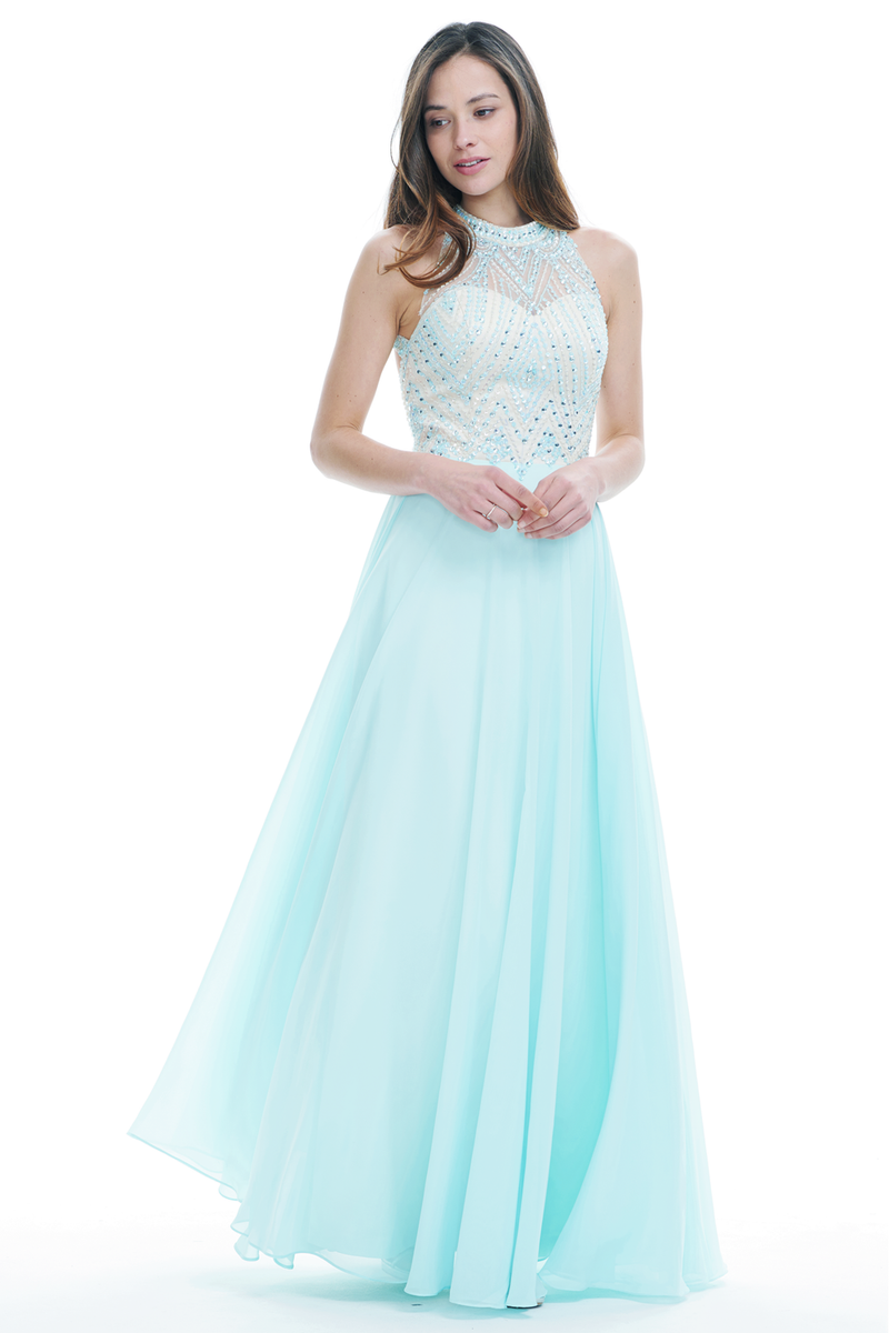 A-Line Scoop Halter Neck Floor-Length Chiffon Prom Dress With Beading Top