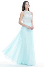 A-Line Scoop Halter Neck Floor-Length Chiffon Prom Dress With Beading Top