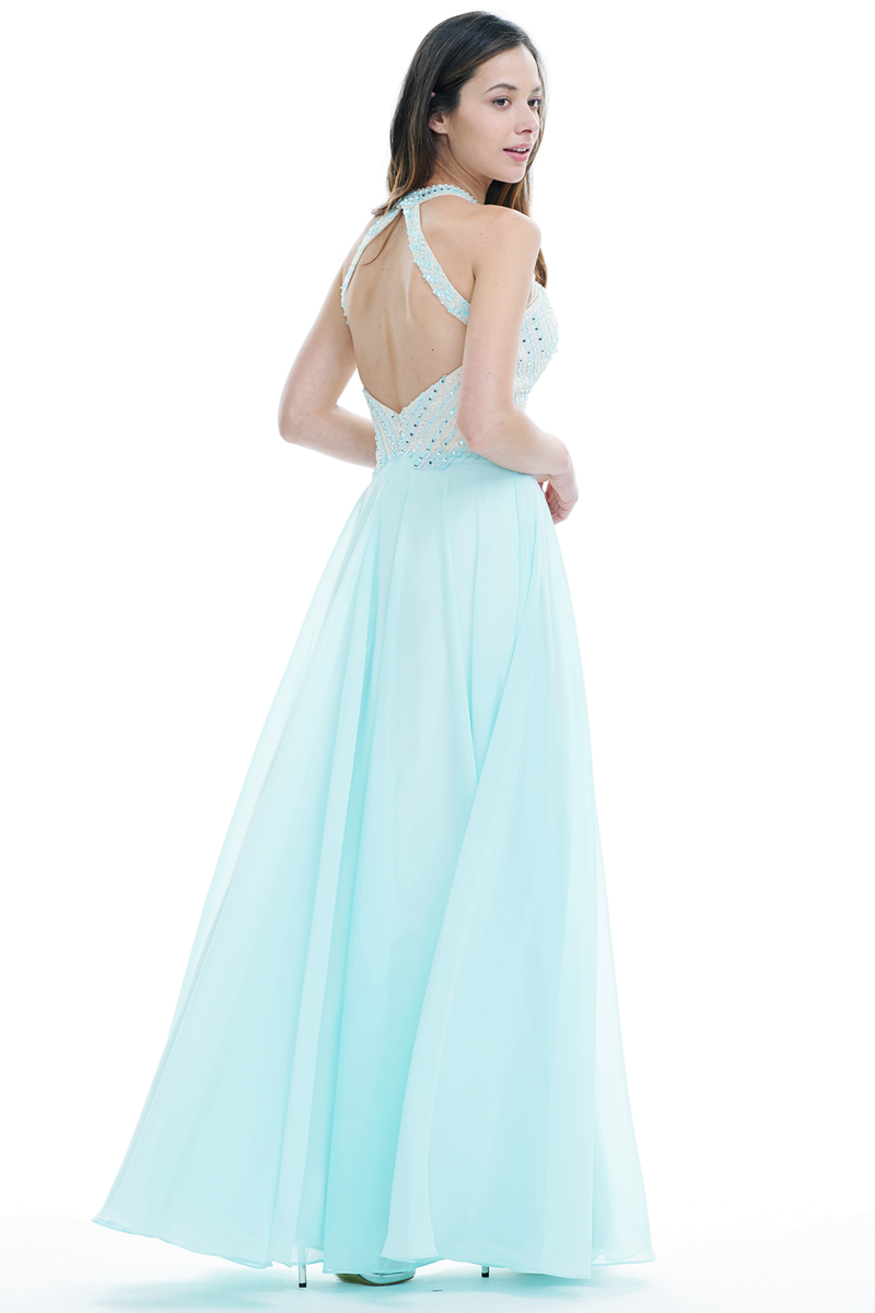 A-Line Scoop Halter Neck Floor-Length Chiffon Prom Dress With Beading Top