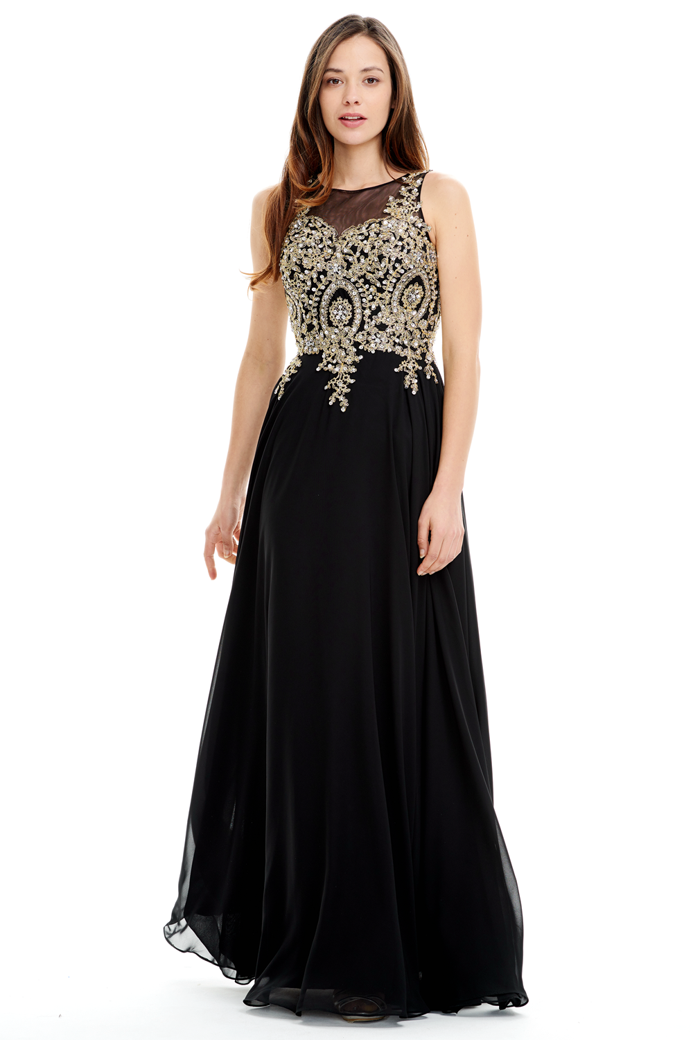 Black And Gold Formal Dress Plus Size A-Line Scoop Neck Floor-Length  Chiffon Prom Dress
