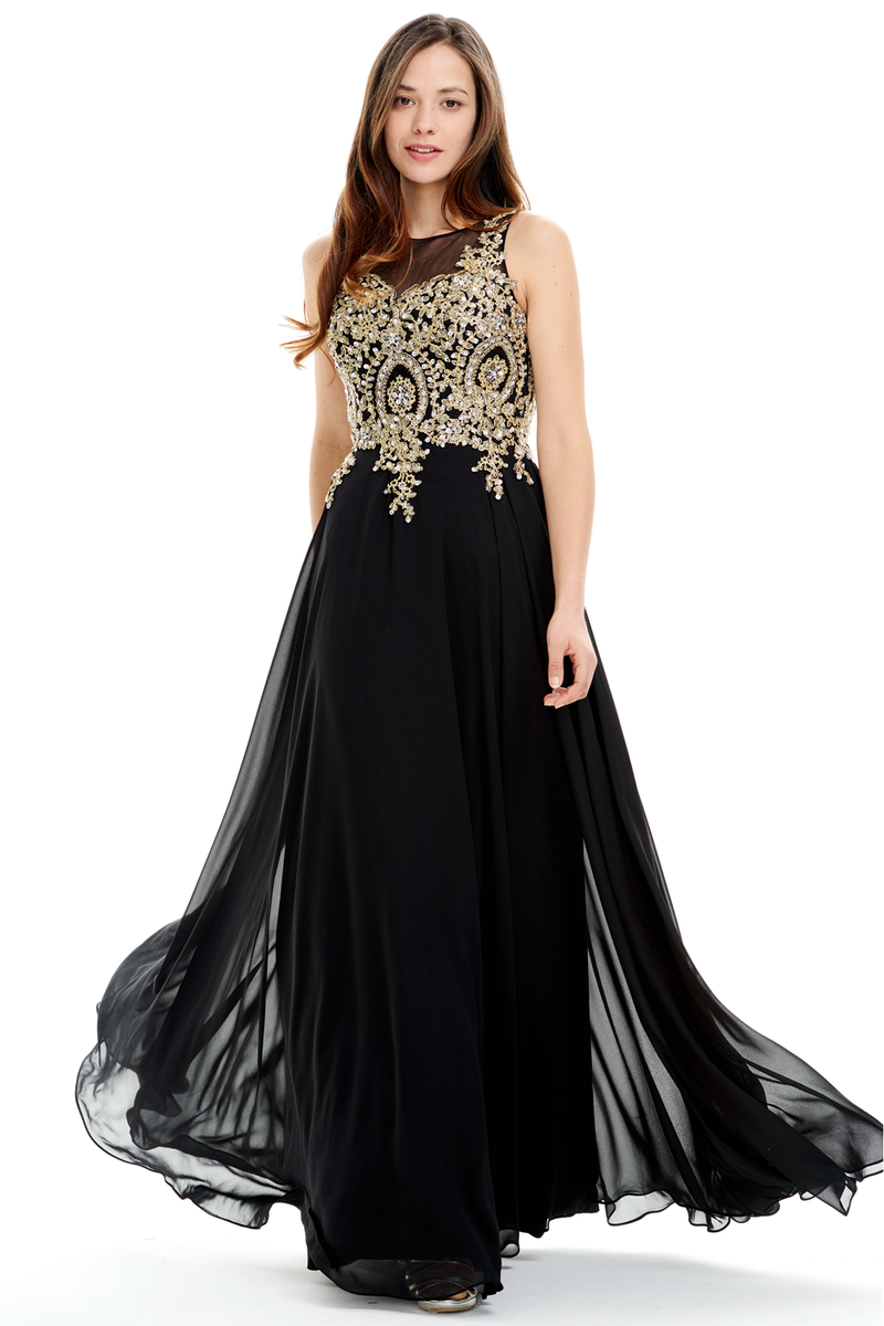 A-Line Scoop Neck Floor-Length Chiffon Prom Dress With Design Beading Top