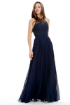 A-Line Scoop Neck Floor Length Pleated Chiffon Prom Dress With Beading Flower Top