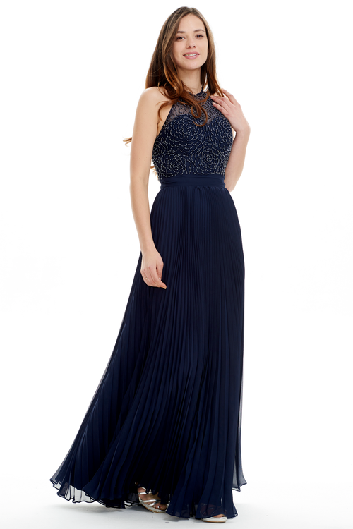 A-Line Scoop Neck Floor Length Pleated Chiffon Prom Dress With Beading Flower Top