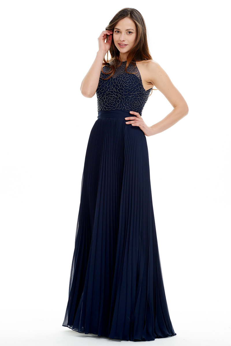 A-Line Scoop Neck Floor Length Pleated Chiffon Prom Dress With Beading Flower Top