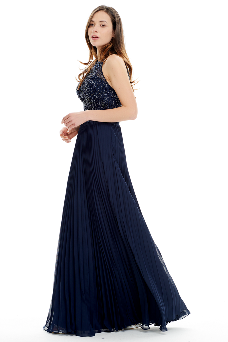 A-Line Scoop Neck Floor Length Pleated Chiffon Prom Dress With Beading Flower Top