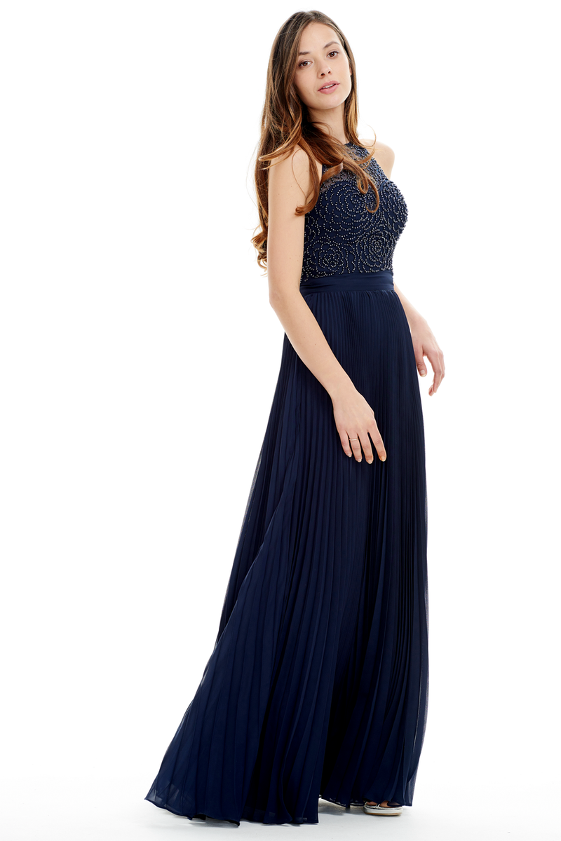 A-Line Scoop Neck Floor Length Pleated Chiffon Prom Dress With Beading Flower Top