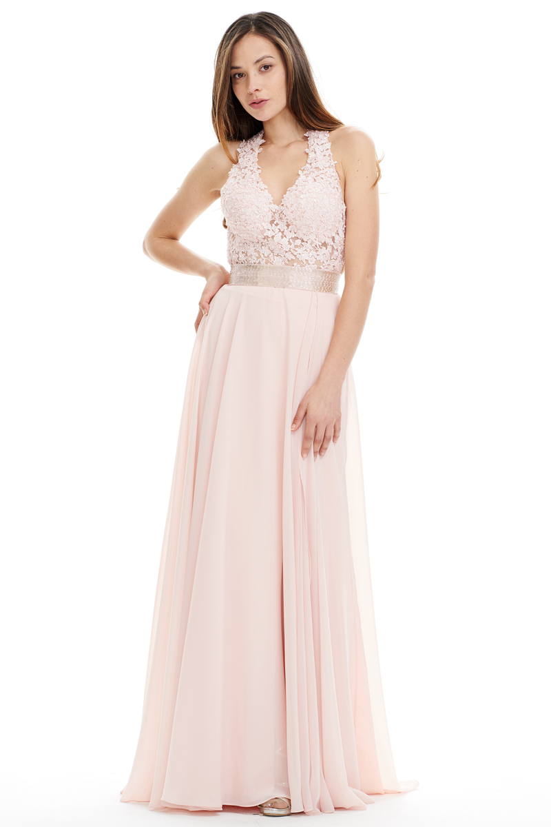 A-Line Deep V-Neck Floor-Length Chiffon Prom Dress With Sequins Belt