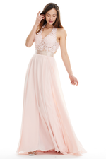 A-Line Deep V-Neck Floor-Length Chiffon Prom Dress With Sequins Belt