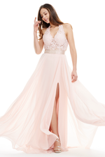 A-Line Deep V-Neck Floor-Length Chiffon Prom Dress With Sequins Belt