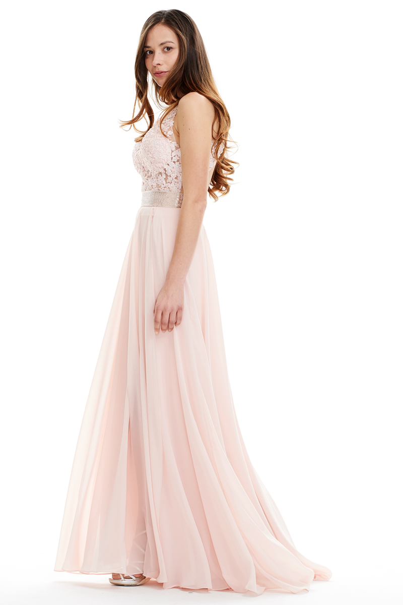 A-Line Deep V-Neck Floor-Length Chiffon Prom Dress With Sequins Belt