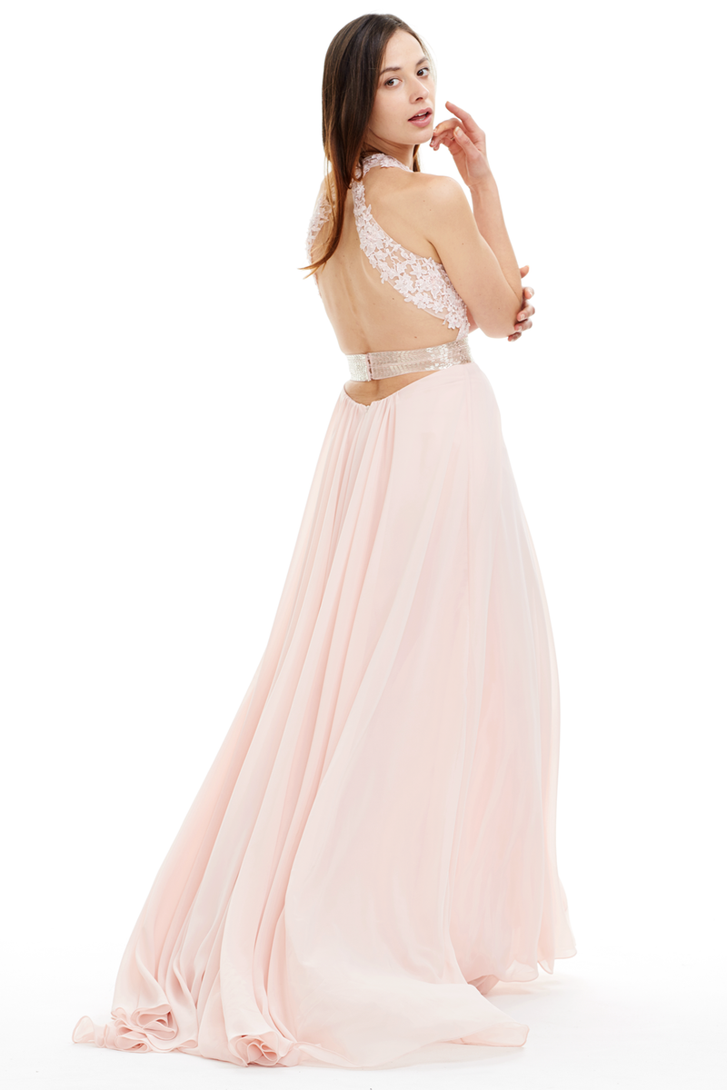 A-Line Deep V-Neck Floor-Length Chiffon Prom Dress With Sequins Belt