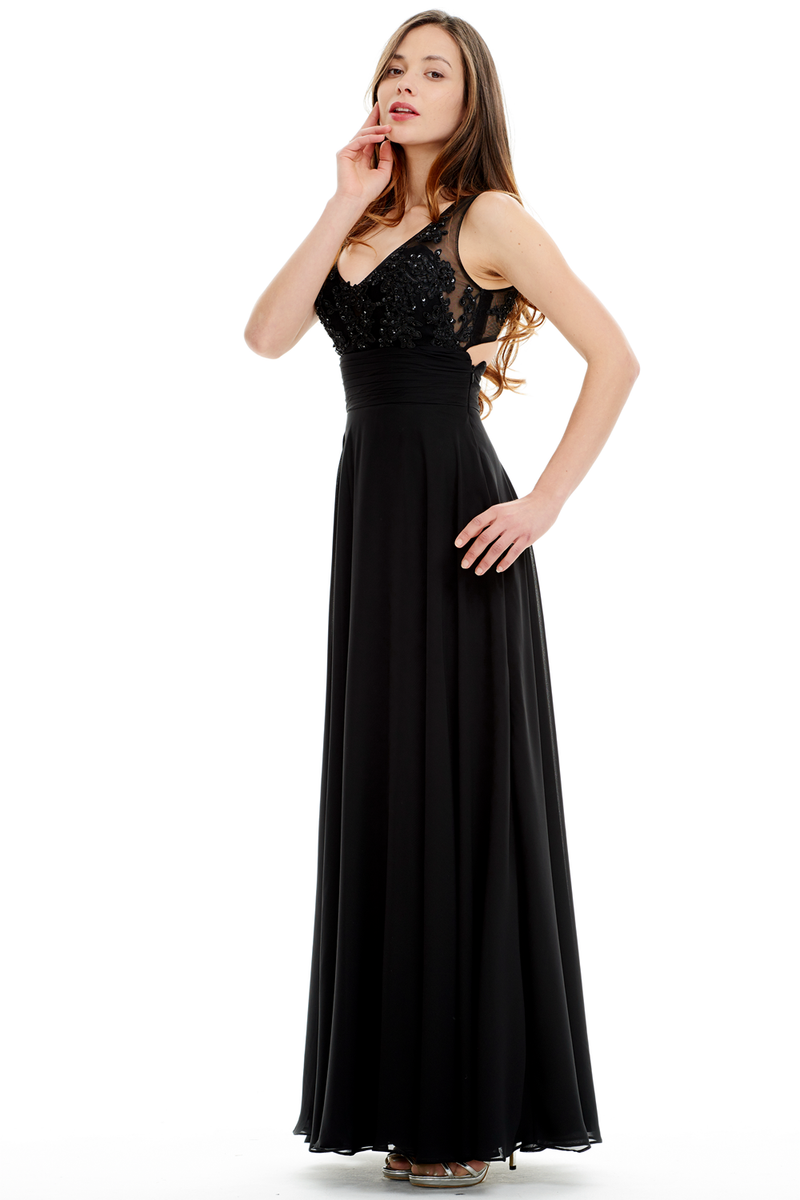 A-Line V-Neck Floor Length Pleated Chiffon Prom Dress With Beading Flower