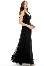 A-Line V-Neck Floor Length Pleated Chiffon Prom Dress With Beading Flower