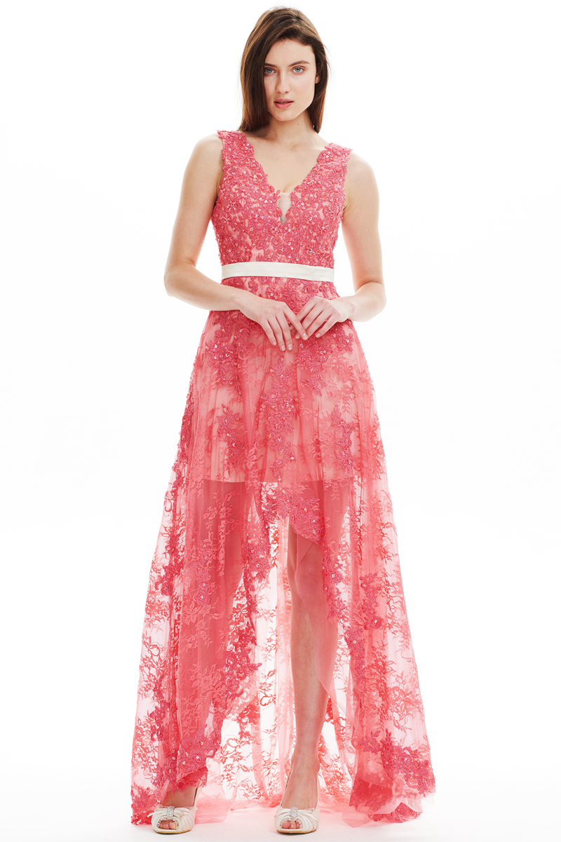 A-Line V-Neck High Low Sheer Lace Prom Dress With Beading