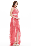 A-Line V-Neck High Low Sheer Lace Prom Dress With Beading