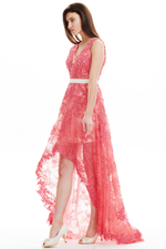 A-Line V-Neck High Low Sheer Lace Prom Dress With Beading