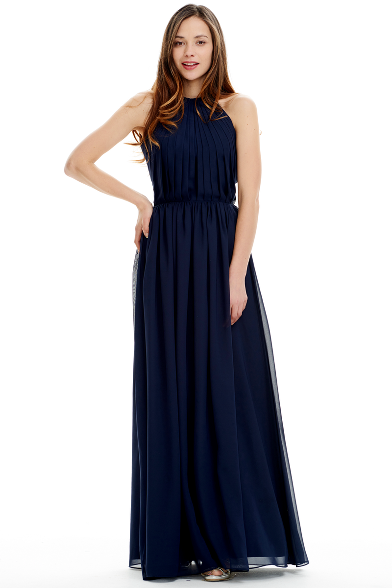 A-Line Scoop Neck Floor Length Pleated Chiffon Prom Dress With Backless Design