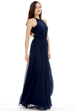 A-Line Scoop Neck Floor Length Pleated Chiffon Prom Dress With Backless Design