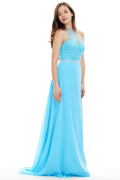 A-Line Halter Scoop Neck Sheer Sweetheart Prom Dress With Beading