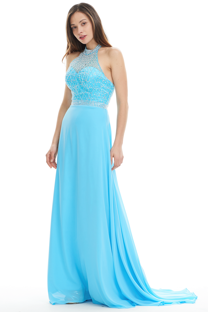 A-Line Halter Scoop Neck Sheer Sweetheart Prom Dress With Beading