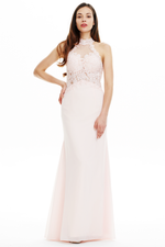 A-Line Scoop Neck Floor Length Prom Dress With Flower Flow To Waist