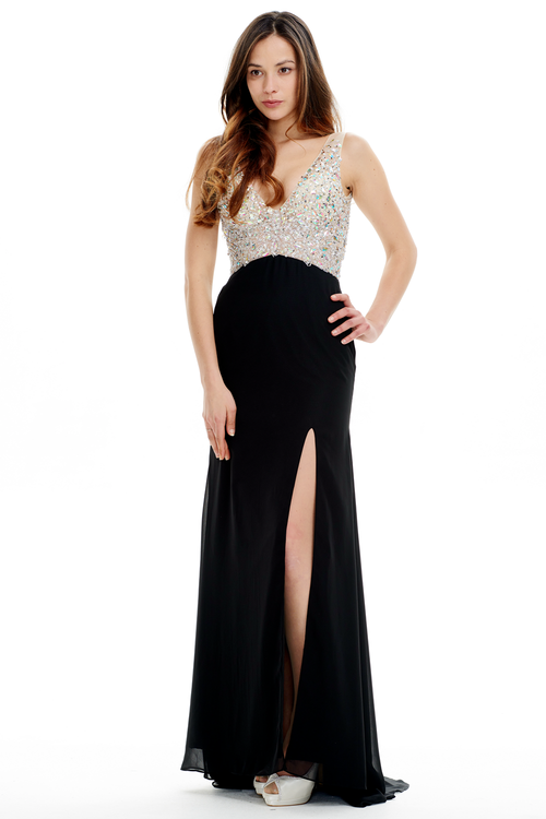Trumpet/Mermaid V-neck Sweep Train Floor Length Prom Dress With Top Beading
