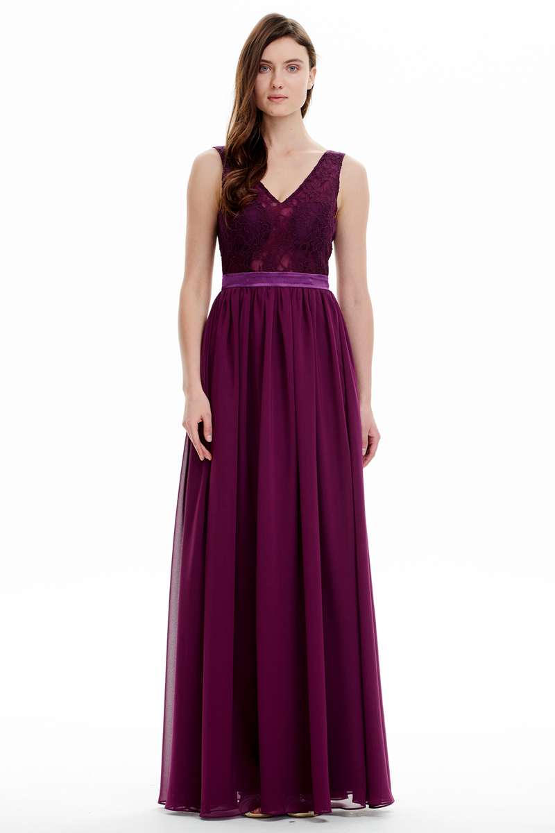 A-line V-neck Floor Length Chiffon Prom Dresses With Sheer Lace Top