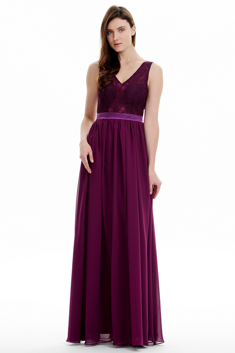 A-line V-neck Floor Length Chiffon Prom Dresses With Sheer Lace Top