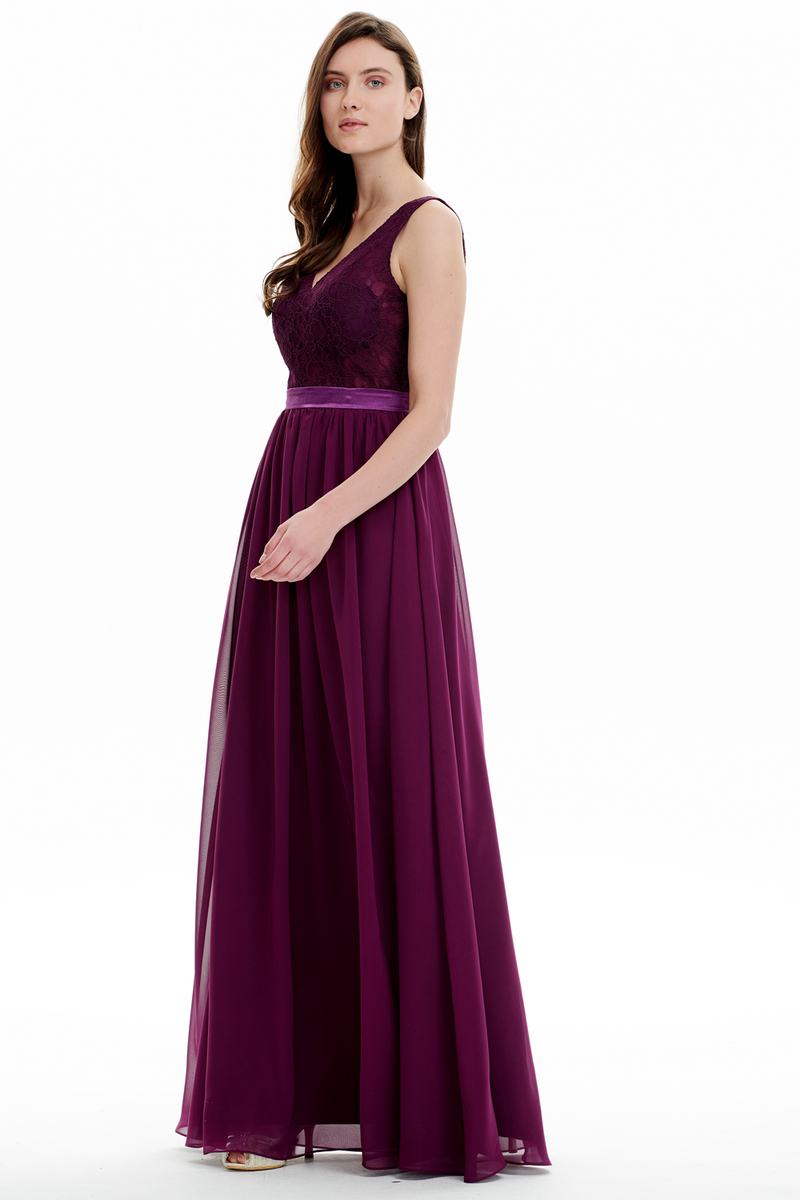 A-line V-neck Floor Length Chiffon Prom Dresses With Sheer Lace Top