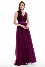 A-line V-neck Floor Length Chiffon Prom Dresses With Sheer Lace Top