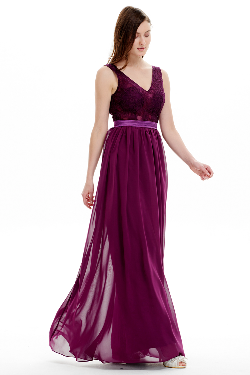 A-line V-neck Floor Length Chiffon Prom Dresses With Sheer Lace Top