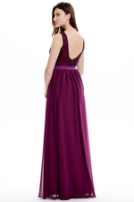 A-line V-neck Floor Length Chiffon Prom Dresses With Sheer Lace Top