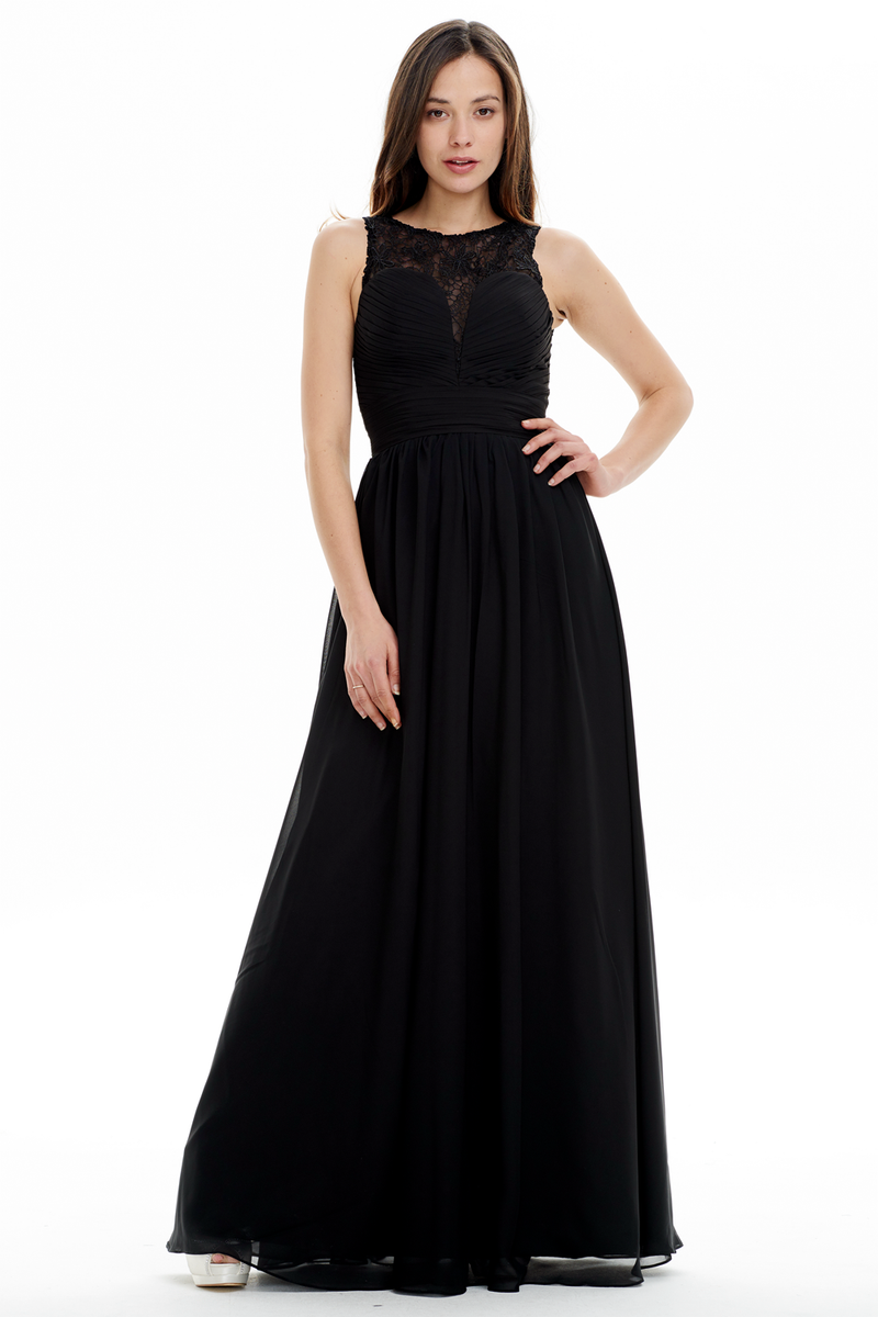 A-line Scoop Neck Floor Length Chiffon Ruffle Prom Dress With Lace