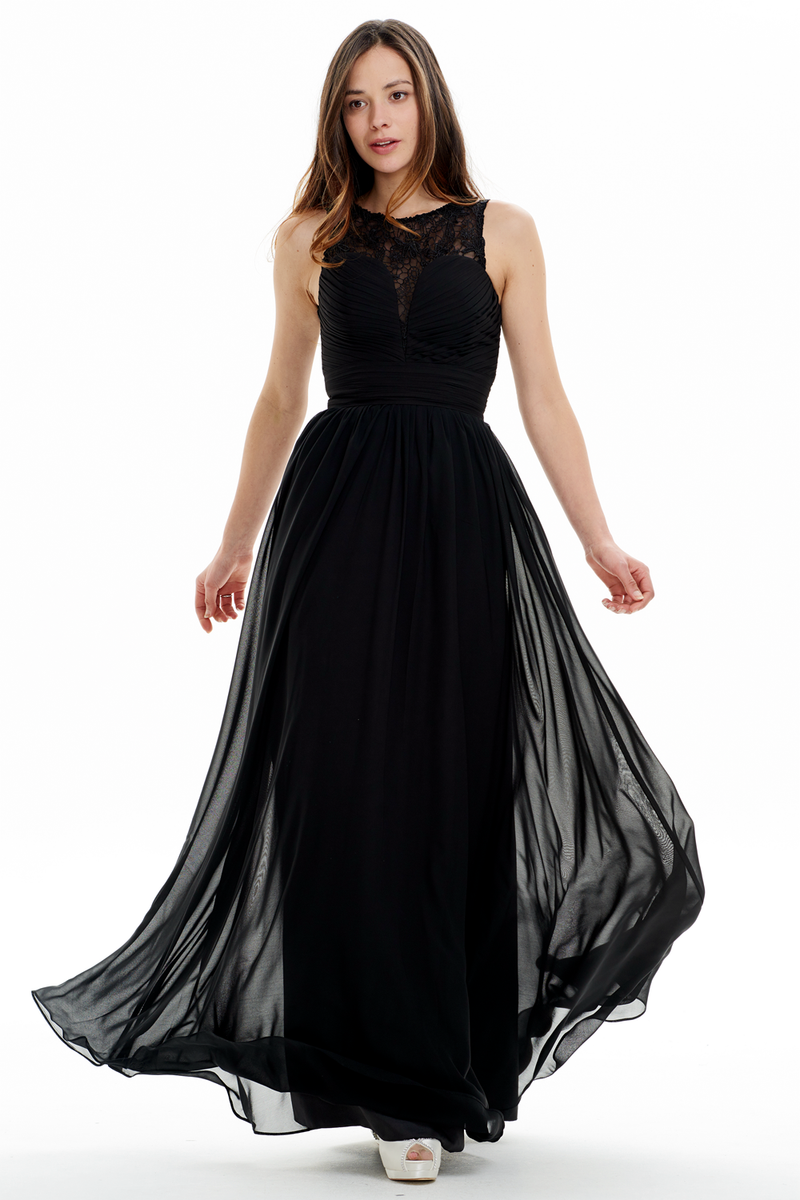 A-line Scoop Neck Floor Length Chiffon Ruffle Prom Dress With Lace