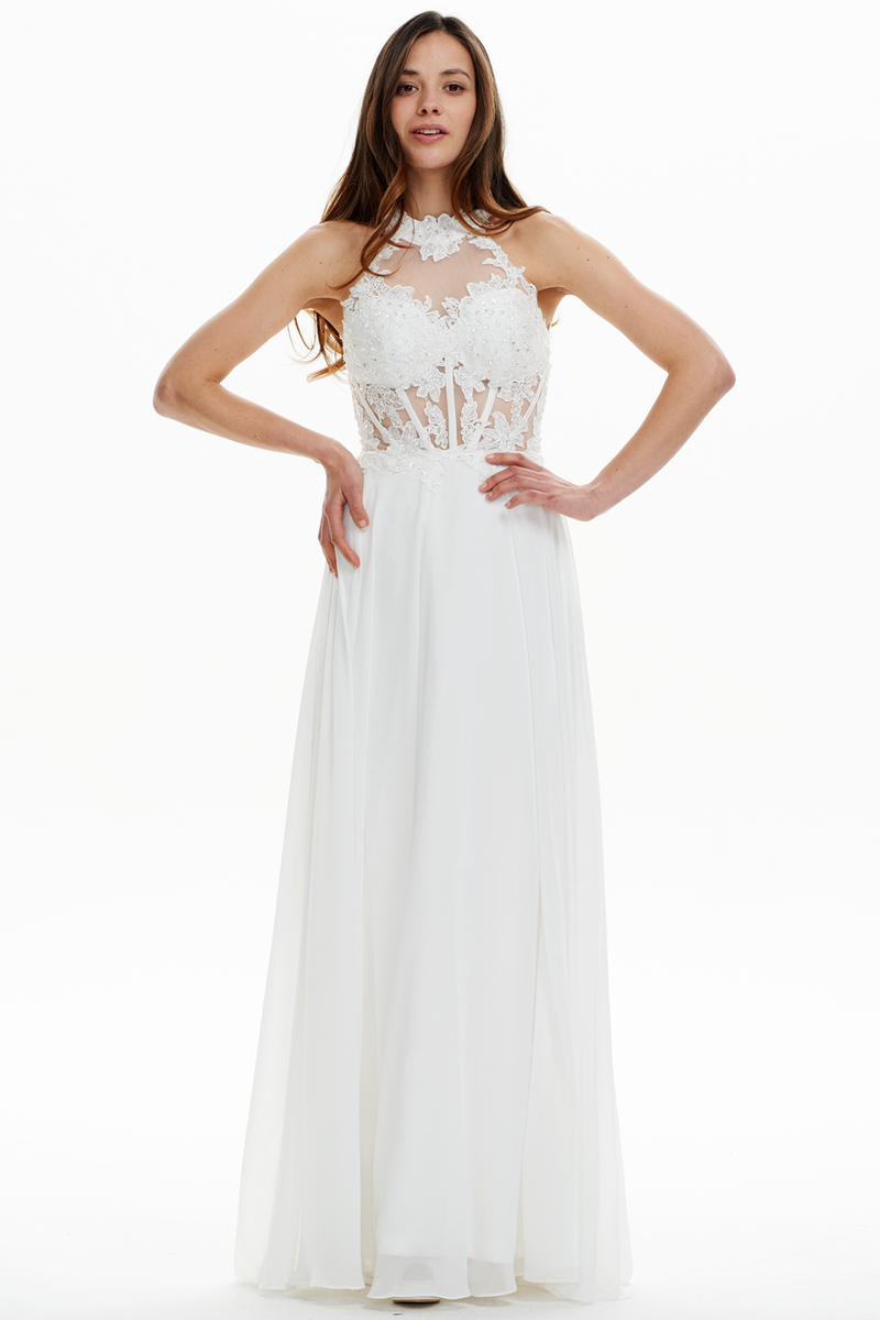 A-line Scoop Neck Floor Length Chiffon Prom Dresses With Beading Lace Top