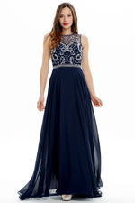 A-line Scoop Neck Floor Length Chiffon Court Sweep Prom Dress With Beading