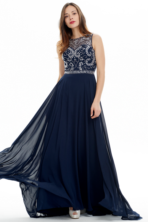 A-line Scoop Neck Floor Length Chiffon Court Sweep Prom Dress With Beading