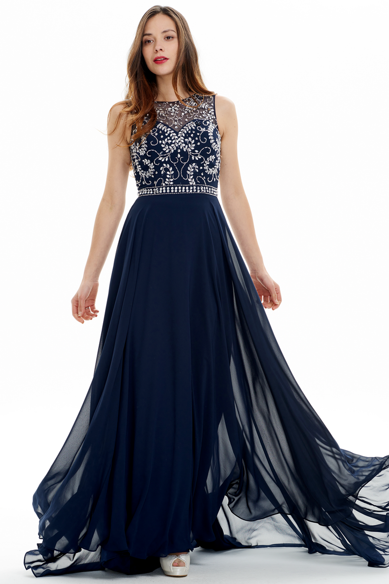 A-line Scoop Neck Floor Length Chiffon Court Sweep Prom Dress With Beading